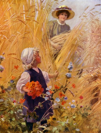 Ragazza che raccoglie papaveri in un campo di grano mentre una donna raccoglie il raccolto da English School