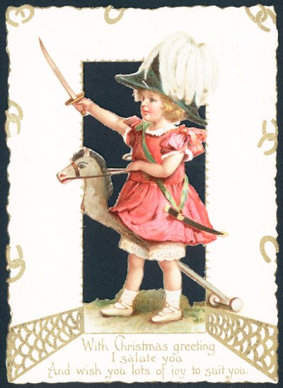 Ragazza che cavalca un cavallo a dondolo, cartolina di Natale da English School