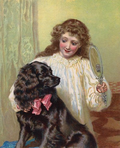 Ragazza che mostra al suo cane il riflesso nello specchio da English School