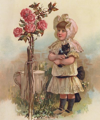 Ragazza con un gatto e un albero di rose da English School