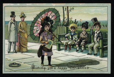 Ragazza con un grande parasole che cammina lungo una passeggiata sul mare, cartolina di auguri di Natale da English School