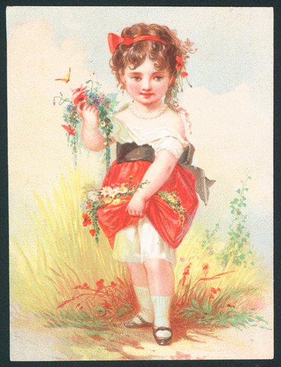 Ragazza con fiori e farfalla - Cartolina di auguri vittoriana da English School