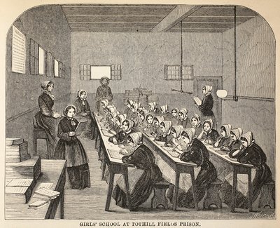 Scuola per ragazze alla prigione di Tothill Fields, illustrazione da Le Prigioni Criminali di Londra e Scene dalla Vita Carceraria di Henry Mayhew e John Binny, pub. 1862 da English School