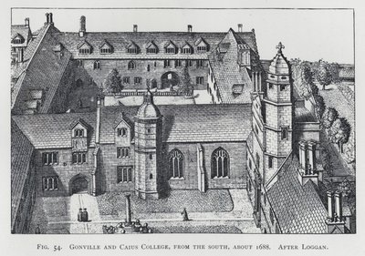 Gonville and Caius College, da sud, circa 1688, dopo Loggan da English School