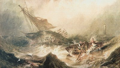 Grace Darling e suo padre remano per salvare il Forfarshire naufragato al largo della costa del Northumberland, 7 settembre 1838 da English School
