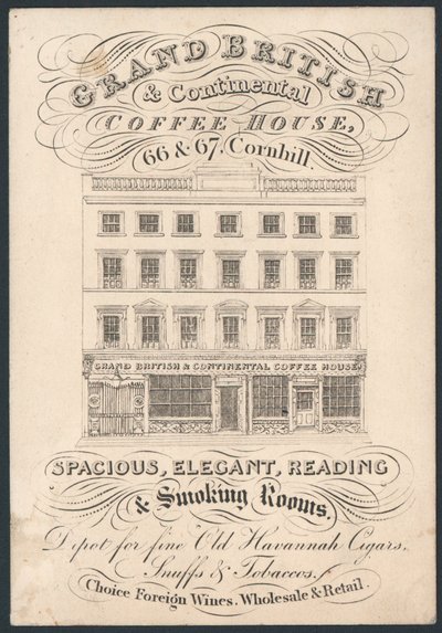 Grand British and Continental Coffee House, 66 e 67 Cornhill, biglietto da visita da English School