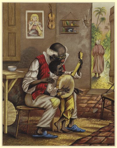 Nonno che insegna a un bambino a suonare il banjo da English School
