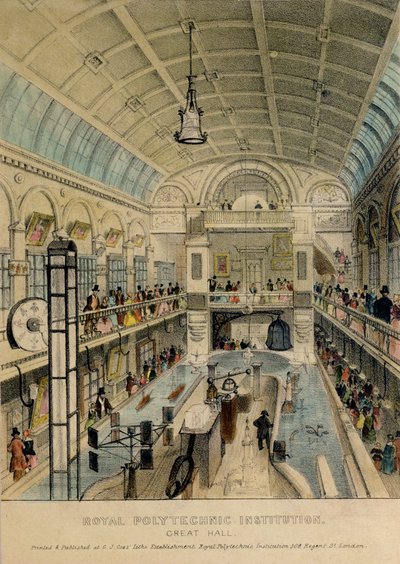 Grande sala della Royal Polytechnic Institution, Regent Street, stampata da G.J. Cox, c.1840 da English School