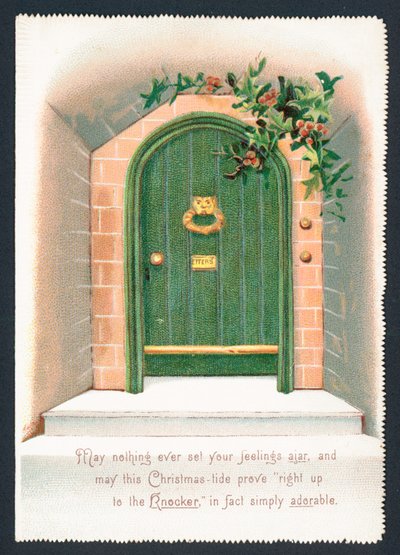 Porta verde circondata da agrifoglio, cartolina di Natale da English School