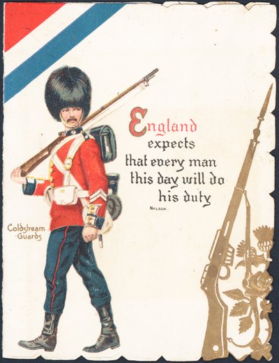 Biglietto di auguri con un soldato delle Coldstream Guards da English School