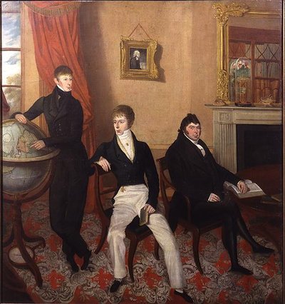 Ritratto di gruppo di tre uomini in un elaborato interno di salotto da English School