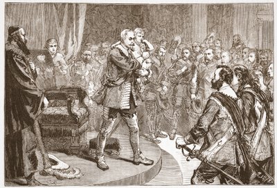Gustavo Adolfo che saluta gli Stati, illustrazione da The History of Protestantism di James Aitken Wylie, pub. 1878 da English School