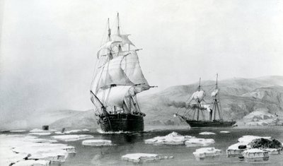 HMS Assistance e Pioneer che escono dai quartieri invernali nel 1854 (litografia) da English School