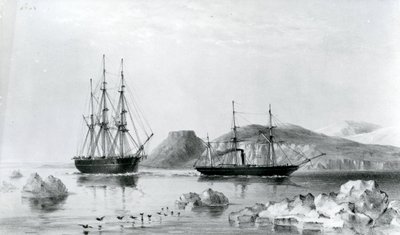 HMS Assistance trainata da Pioneer passando John Harrow Mount, North Wellington Channel nel 1853 da English School