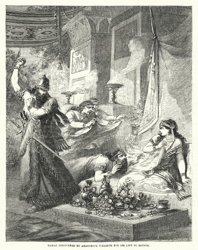 Aman scoperto da Assuero mentre implora per la sua vita a Ester (incisione) da English School