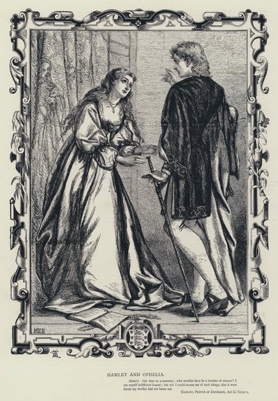 Amleto e Ofelia, Amleto, Principe di Danimarca, Atto III, Scena 1 (incisione) da English School