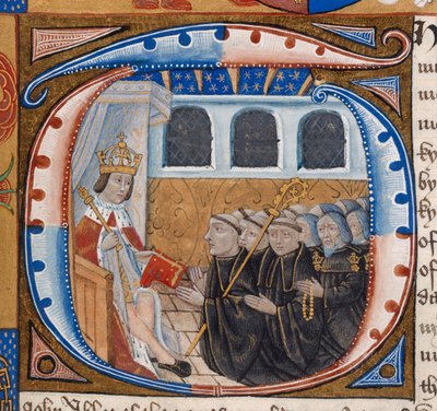 Iniziale istoriata raffigurante Re Enrico VII che riceve il libro, illustrazione da 