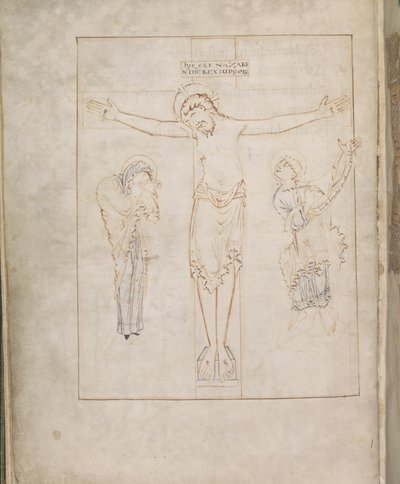 La Crocifissione; con la Vergine e San Giovanni che scrive la sua testimonianza su un rotolo, dal Salterio di Ramsey, c.900-1000 da English School