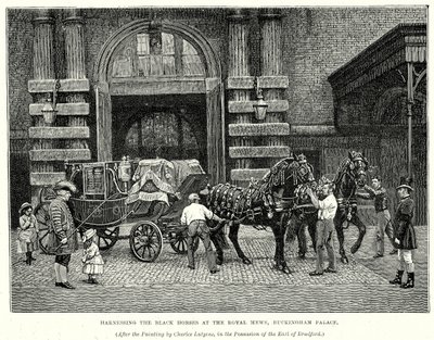 Imbrigliare i cavalli neri al Royal Mews, Buckingham Palace (incisione) da English School