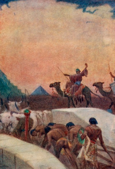 Trasporto di blocchi di pietra per le piramidi (litografia a colori) da English School
