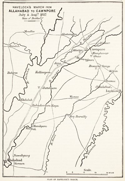 La Marcia di Havelock da Allahabad a Cawnpore, luglio e agosto 1857, da Cassells Illustrated History of England da English School