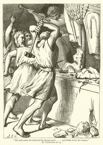"Rimosse gli altari degli dèi stranieri... e distrusse le immagini", II, Cronache, xiv, 3 (incisione) da English School