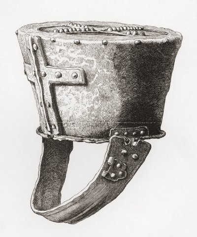 Elmo, dal Castello di Pomeroy, Inghilterra, risalente al c. XII secolo, da The British Army: Its Origins, Progress and Equipment, pubblicato nel 1868 da English School
