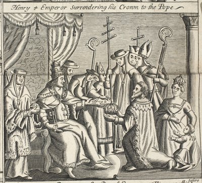 Enrico IV imperatore che cede la sua corona al Papa, illustrazione da Atti e Monumenti di John Foxe, nona edizione, pub. 1684 da English School
