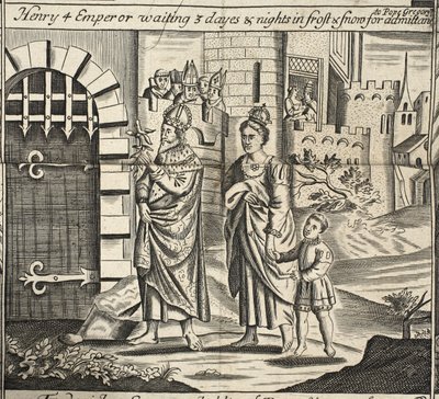 Enrico IV imperatore che aspetta 3 giorni e notti nel gelo e nella neve per essere ammesso dal Papa Gregorio, illustrazione da Atti e Monumenti di John Foxe, nona edizione, pub. 1684 da English School