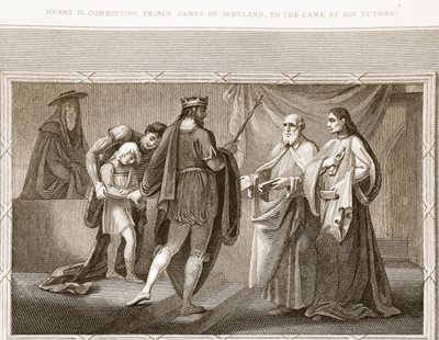 Enrico IV affida il principe Giacomo di Scozia ai suoi tutori, illustrazione da La storia d
