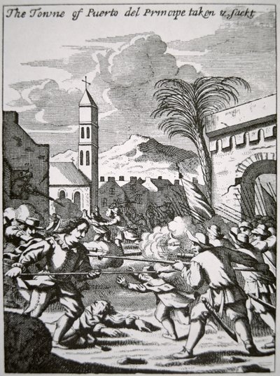 Henry Morgan cattura e saccheggia la città di Puerto de Principe, Cuba, nel 1668, illustrazione da 