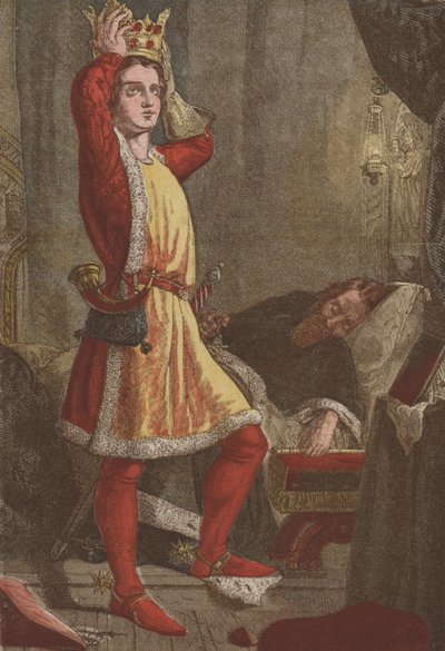 Enrico, Principe di Galles, il futuro re Enrico V, che prova la corona di suo padre da English School