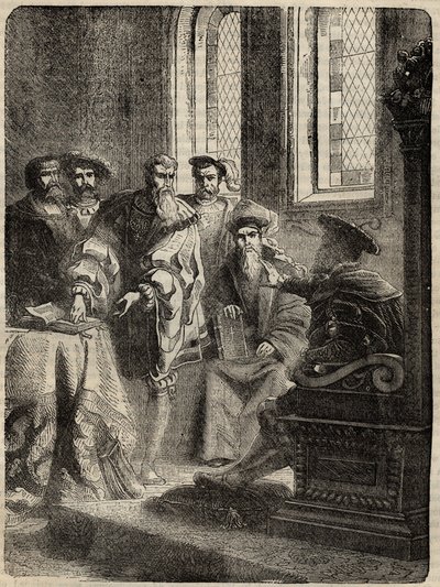 Enrico VIII e il suo Consiglio ordinano la traduzione della Bibbia in inglese - 1538 - incisione da 
