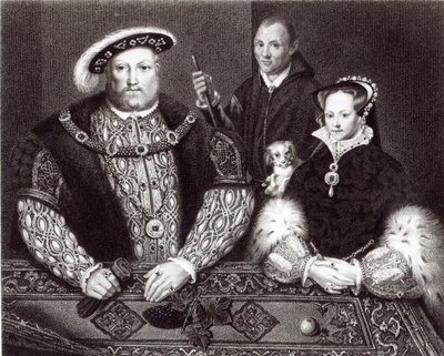 Enrico VIII, sua figlia la Regina Maria e Will Somers, dopo un dipinto a olio del XVI secolo, dipinto postumo, 1821 da English School