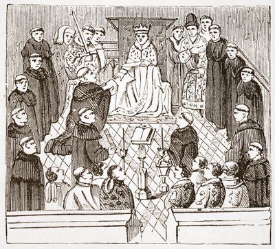 Enrico V e il suo parlamento (dal manoscritto Harleian al British Museum), illustrazione da La storia del protestantesimo di James Aitken Wylie (1808-1890), pub. 1878 da English School