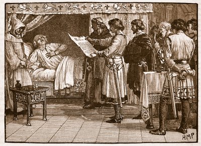 Enrico che riceve la notizia del tradimento di Giovanni, illustrazione da Cassells Illustrated History of England da English School