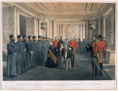 Sua Maestà la Regina Vittoria (1819-1901) e S.A.R. il Principe Alberto (1819-61) che ispezionano i soldati feriti delle Guardie Granatieri a Buckingham Palace, 1855 da English School
