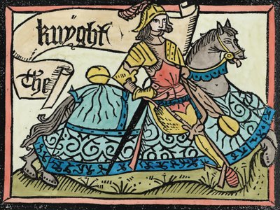 Qui Inizia il Racconto del Cavaliere, illustrazione da I Racconti di Canterbury di Geoffrey Chaucer (c.1345-1400) stampato da William Caxton (c.1422-91) 1434 (colorazione successiva) da English School