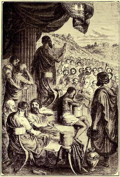 Erodoto legge la sua Storia a una festa pubblica, illustrazione da The Illustrated History of the World, pubblicato c.1880 da English School