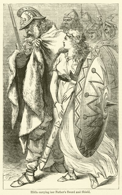 Hilda con la spada e lo scudo del padre (incisione) da English School