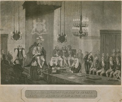 Sua Altezza Reale il Principe Reggente che pronuncia un discorso nella Camera dei Lord da English School