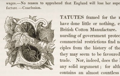 Iniziale istoriate S, da un libro sulla manifattura del cotone britannico da English School