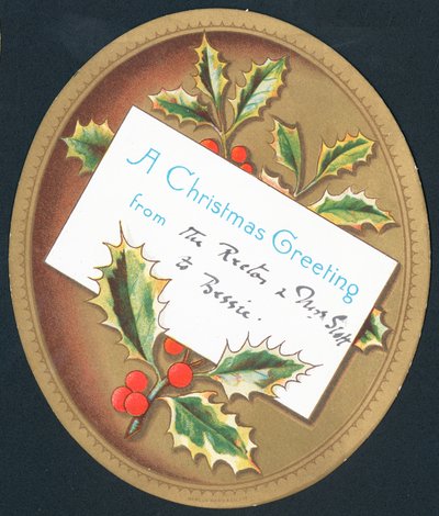 Agrifoglio e bacche su targa, Cartolina di Natale da English School