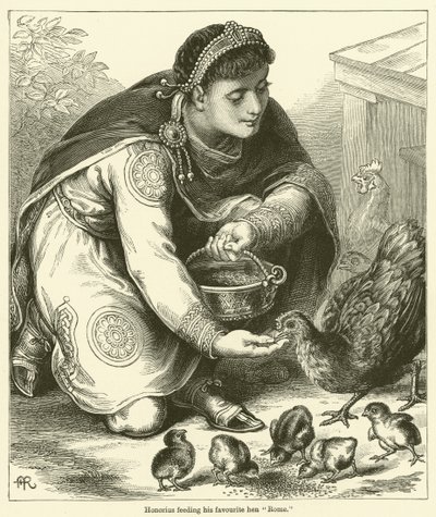 Onorio che nutre la sua gallina preferita "Roma" (incisione) da English School