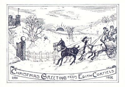 Cavallo e carrozza in viaggio verso il castello, cartolina di Natale da English School