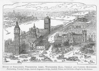 Palazzo del Parlamento, Abbazia di Westminster, Westminster Hall, Monumenti Crimea e Canning (incisione) da English School