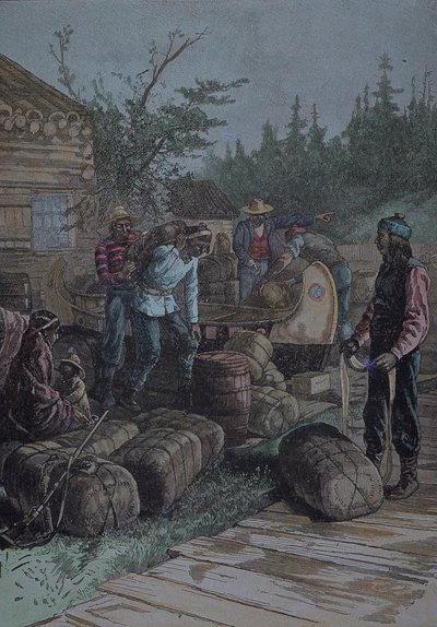 Compagnia della Baia di Hudson, posto di scambio a metà del XIX secolo, fine XIX secolo (incisione) da English School