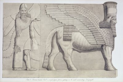 Toro con testa umana e figura alata da un portale sul muro che circonda Koujunjik, tavola 3 da Ninive e i suoi resti di Austen Henry Layard (1817-94) pubblicato 1849 da English School