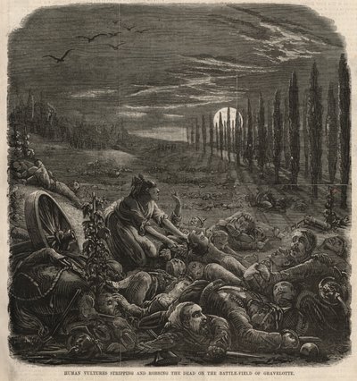 Avvoltoi umani che spogliano e derubano i morti sul campo di battaglia di Gravelotte (incisione) da English School