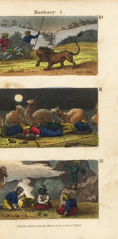 Caccia ai leoni negli Stati Barbareschi, cammelli e conducenti che dormono nel deserto e arabi che invitano i viaggiatori a cenare da English School